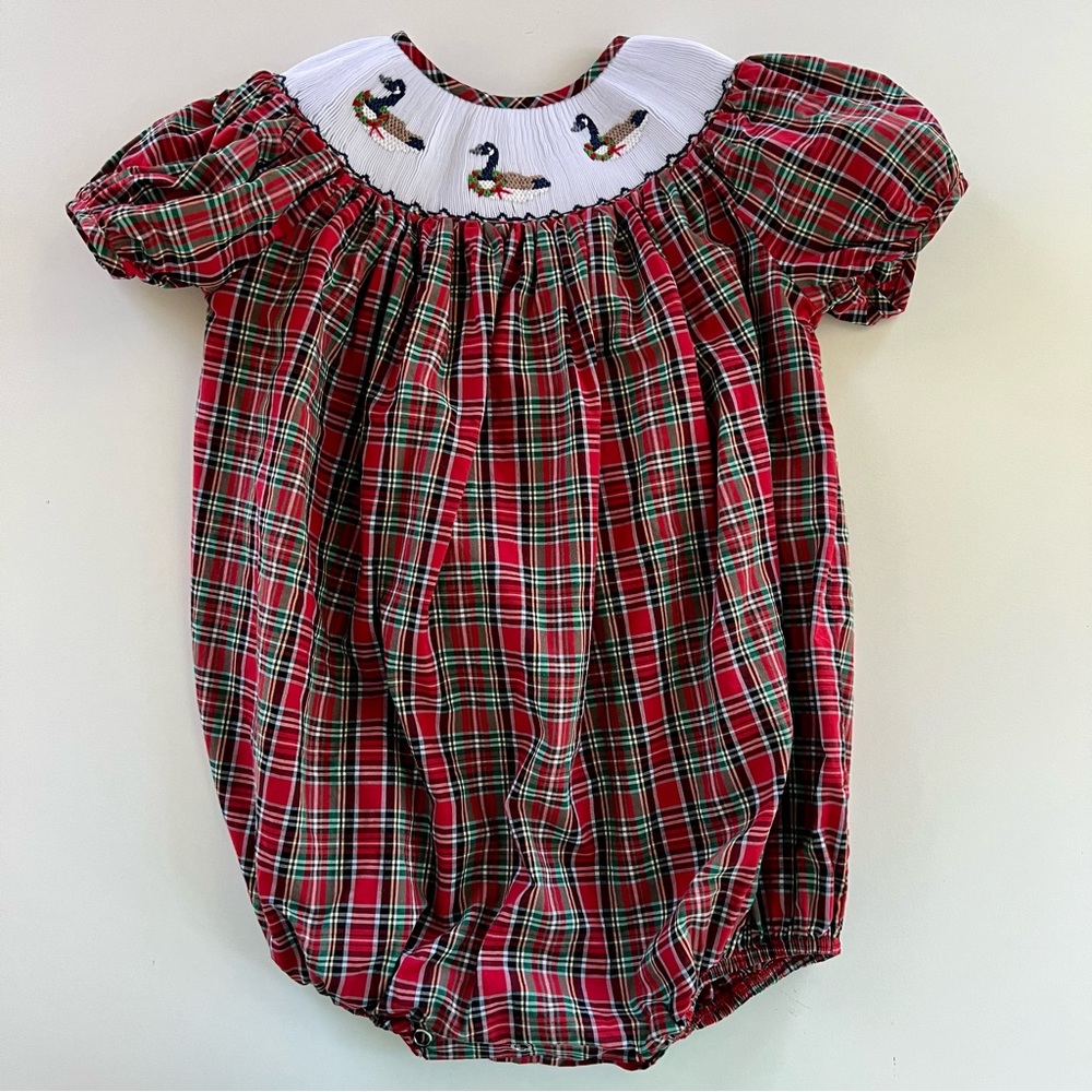 Ruth and Ralph Christmas Goose Smocked Tartan Bubble 24M EUC